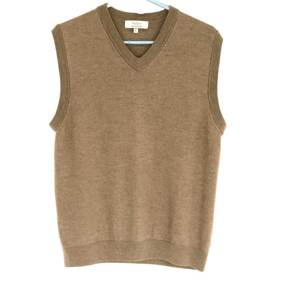 Turnbury Mens Sweater Vest sz L Extra Fine Merino Wool Tan Preppy